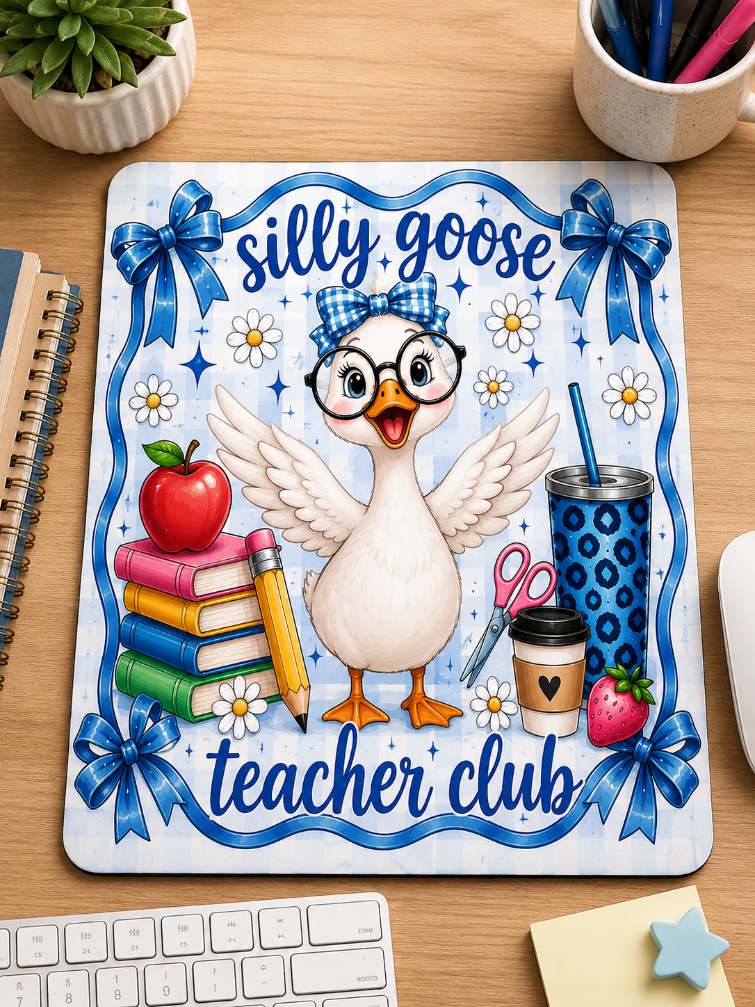 Silly Goose Mouse Pad- Blue Gingham